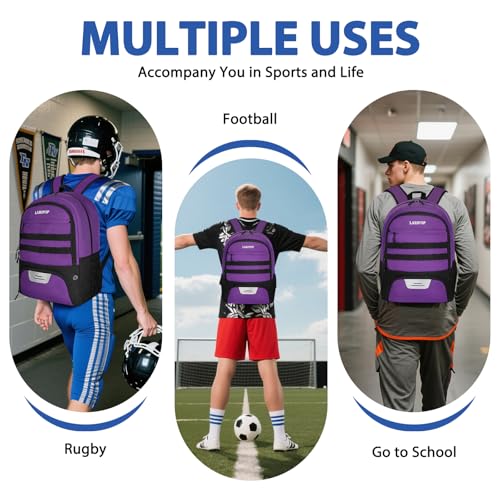 LARIPOP Soccer Backpack with Ball Holder & Shoe Compartment Large Capacity Sports Bag for Training - color: purple