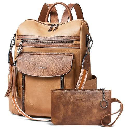 Shrrie Backpack Purse for Women Fashion Leather Backpack Purse Designer Travel Backpack Convertible Shoulder Bag with Wristlet - color: 2-6 Camel With Brown
