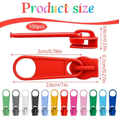 100 PCS Metal Zipper Slider Replacement, #3 Universal Zipper Repair Kit (12 Colors) Replacement Slider Zippers Pull Rescue Kit for Clothing Jackets, Coats, Backpacks
