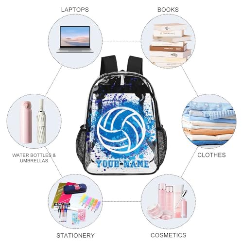 Custom Volleyball Clear Backpack Heavy Duty for Girls Kids Boys | Large Cool PVC Volleyball Theme Printing Transparent Backpacks for Schools Stadium Concerts Work - Clear/Black - color: Volleyball Clear Backpack 2 Black Custom