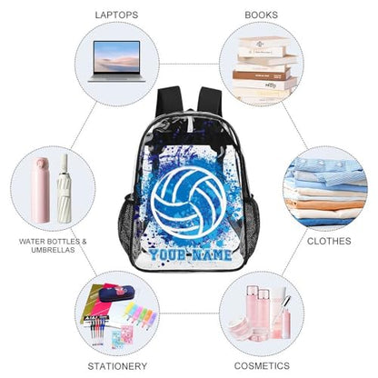 Custom Volleyball Clear Backpack Heavy Duty for Girls Kids Boys | Large Cool PVC Volleyball Theme Printing Transparent Backpacks for Schools Stadium Concerts Work - Clear/Black - color: Volleyball Clear Backpack 2 Black Custom