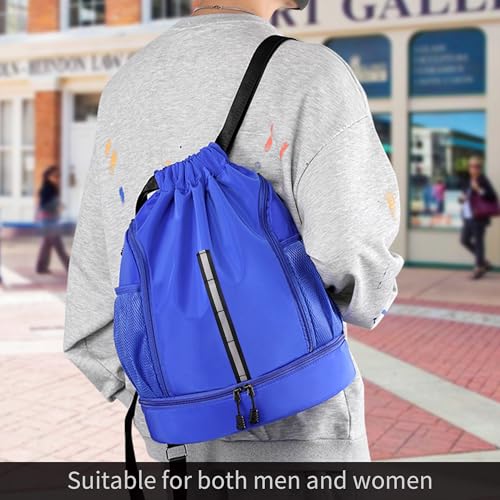 Sport Gym Bag Drawstring Backpack Beach Bag for Men Women with Shoe Compartment and Reflective Strips (Blue) - color: Blue