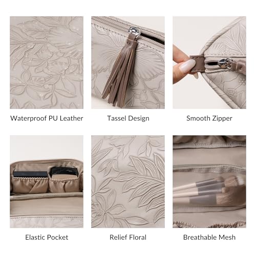 Cabbrix Travel Makeup Bag, Extra Large Capacity 3 Pcs Set Cosmetic Bag for Women, Waterproof PU Leather, Flat Open Portable Toiletry Bag for Skincare, Brushes & Travel Essentials (Apricot) - color: Apricot