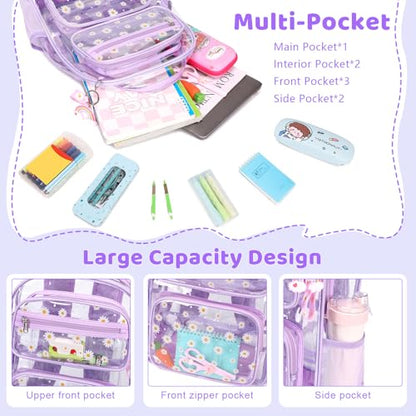 ACESAK Clear Backpack for Girls - 3 Pcs Clear Backpack Heavy Duty with Lunch Bag - See Through Bookbag Stadium Approved for Kids Middle High College School Sport Travel (Purple Daisy) - color: Purple Daisy