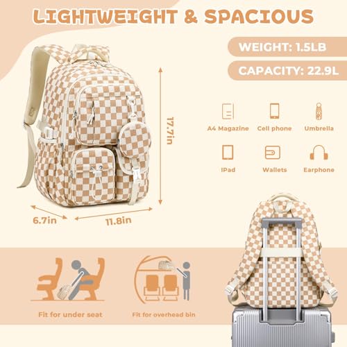 MOONBABY Girls Backpack, Kids Backpack for Girls, School bag for Primary Elementary Teenage, Middle School Students Bookbag - color: Brown Check