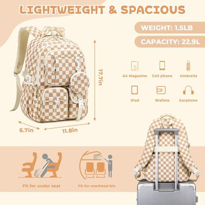 MOONBABY Girls Backpack, Kids Backpack for Girls, School bag for Primary Elementary Teenage, Middle School Students Bookbag - color: Brown Check