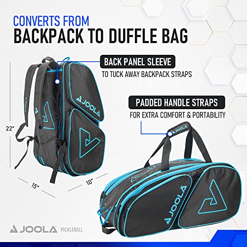 JOOLA Tour Elite Pickleball Bag – Backpack & Duffle Bag for Paddles & Pickleball Accessories – Thermal Insulated Pockets Hold 4+ Paddles - Includes Fence Hook - color: Black/Light Blue
