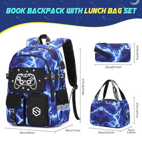Scothen Boys Backpack, Cool Luminous School Backpacks for Boys with Lunch Bag Pencil Case, Kids Backpack Kindergarten Elementary Middle School Book Bags for Teen Boy Children with USB Charging Port - color: Lightning-blue