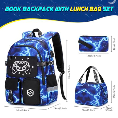 Scothen Boys Backpack, Cool Luminous School Backpacks for Boys with Lunch Bag Pencil Case, Kids Backpack Kindergarten Elementary Middle School Book Bags for Teen Boy Children with USB Charging Port - color: Lightning-blue