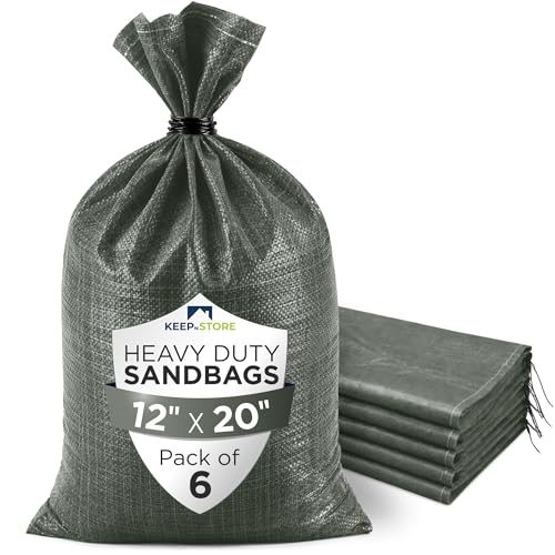 Heavy Duty Sand Bags Pack of 6, Army Green Empty Sandbags with Built-In Ties, Woven Polypropylene UV Protection 1600 Hours, Fillable Bags for Flood Control, Weight, 12x20 inches, 25 Pounds Volume - size: 12"W x 20"L, style: Pack of 6