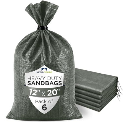 Heavy Duty Sand Bags Pack of 6, Army Green Empty Sandbags with Built-In Ties, Woven Polypropylene UV Protection 1600 Hours, Fillable Bags for Flood Control, Weight, 12x20 inches, 25 Pounds Volume - size: 12"W x 20"L, style: Pack of 6