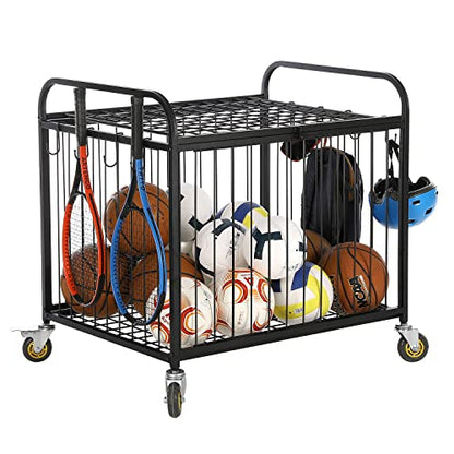 MyGift Large Capacity Metal Rolling Multi Sports Ball Cage Storage Hopper, Gym Equipment Basket Cart with Lockable Latch, Heavy Duty Caster Wheels, and 8 Accessory Hooks - color: Black