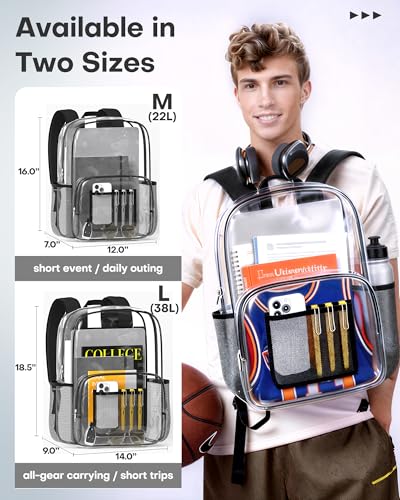 HOTOR Clear Backpack - Multi-Pocket Bookbag, Cold-Resistant PVC Waterproof Work Bag & College Backpack with Padded Shoulder Straps for Travel, Festival, 18.5" x 14.0" x 9.0", Black - size: Large