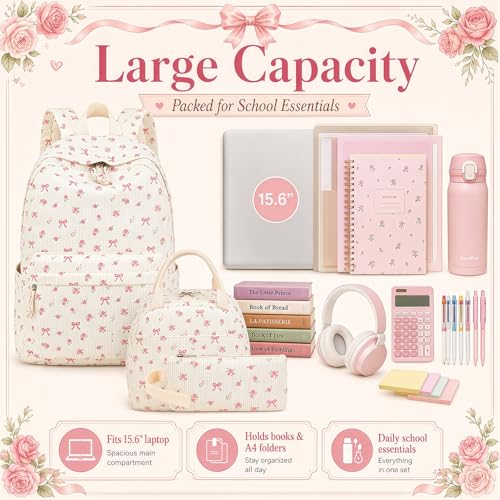 Bluboon School Backpack Set Girls Womens Laptop Bookbag Casual Daypack Fits 15 inch Laptop with Lunch Tote Bag and Pencil Bag - color: Pink Bow Flower 212-beige