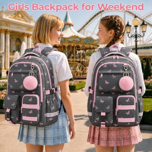 WOBAGMEN Cute Pink Bow Backpack for Teen Girls, Large Capacity Multi-Pocket School Bag Fits 15.6" Laptop, Lightweight Durable Daypack for School and Travel (Pink Bow Polka Dot, M) - color: Pink Bow Polka Dot