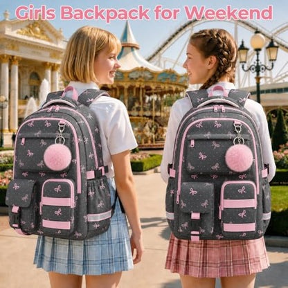 WOBAGMEN Cute Pink Bow Backpack for Teen Girls, Large Capacity Multi-Pocket School Bag Fits 15.6" Laptop, Lightweight Durable Daypack for School and Travel (Pink Bow Polka Dot, M) - color: Pink Bow Polka Dot