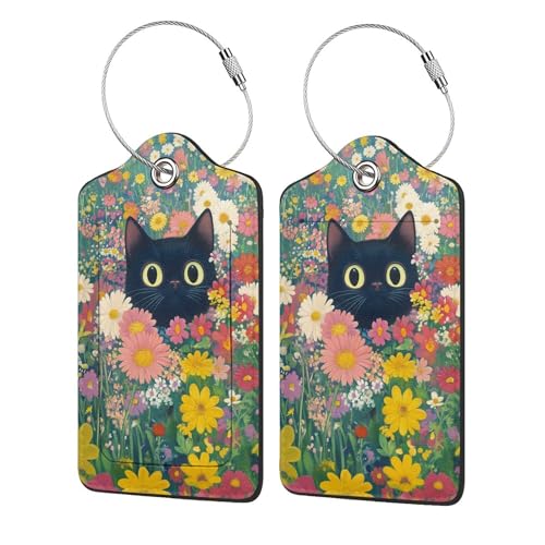 2 Pack Luggage Tag for Suitcase, Cute Unique Leather Suitcase Tags Identifiers with Privacy Name Address Labels & Durable Steel Loop for Women Men Travel - color: Black Cat Flower 3