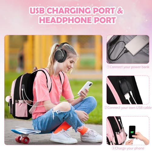 ACESAK Backpacks for Girls, Girls Backpack with Lunch Box and Pencil Case for Teen Kids Elementary Middle High School College Student, Children School Backpack Bookbag with USB Charging Port (Pink) - color: Black & Pink