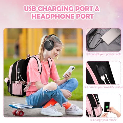 ACESAK Backpacks for Girls, Girls Backpack with Lunch Box and Pencil Case for Teen Kids Elementary Middle High School College Student, Children School Backpack Bookbag with USB Charging Port (Pink) - color: Black & Pink
