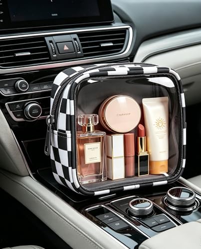 Clear Checkered Makeup Bag, Small Cosmetic Pouch with Zipper Mini Waterproof Makeup Purse Organizer Cute Cosmetic Bag Travel TSA Approved Toiletry Bag Car Organizer for Women Girls (Black) - color: Black