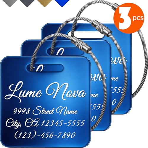 3PCS Personalized Engraved Aluminum Luggage Tags 2x2 Inch, Blue Custom Metal Travel ID Tags for Suitcase Backpack Bag Luggage Identifiers - color: Blue