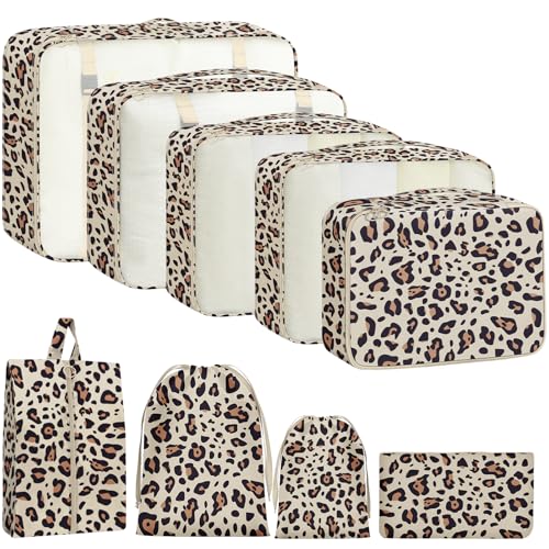 9 Set Packing Cubes for Travel Essentials - Lightweight Carry-On Luggage Organizer Bags with Shoe, Clothes & Laundry Bags for Airplane, Family & Business Travel, Leopard print - color: Leopard print