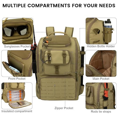 Hp hope Fishing Backpack with Rod Holders & Cooler, 40L Fishing Tackle Bag Fishing Tackle Storage Backpack Fishing Gear for Camping, Khaki - color: Khaki