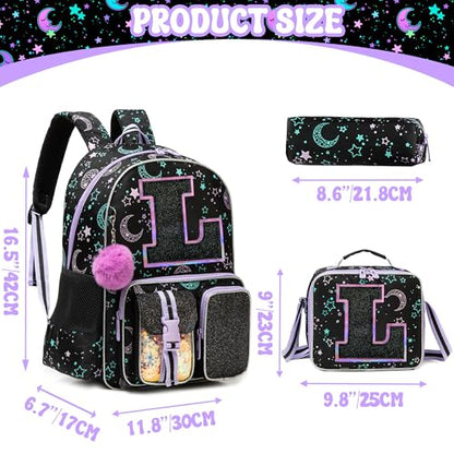 HTgroce Backpacks for Girls School Bag Kids Black Bookbag for Elementary Students Kids Backpack with Lunch Box and Pencil Case - color: Black, style: L