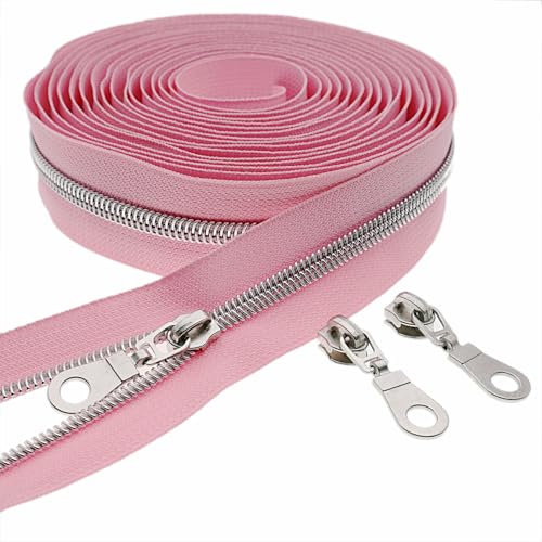 #5 Silver Metallic Nylon Coil Zippers by Yard Bulk Coil Zipper Roll 10 Yards with 25pcs Silver Pull for DIY Sewing Craft Bag(Pink) YIGUANXIN - color: Pink-Silver