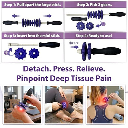 ONIPAX 3-in-1 Muscle Roller Stick, Manual Massage Tool with 8 Adjustable Gears & POM Core, Customizable Deep Tissue Relief for Neck, Back, and Calves, Portable Post-Workout Recovery (Purple)