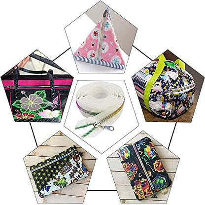 MebuZip #5 Colorful Metallic Nylon Coil Zippers by The Yard Bulk Coil Zipper Roll 10 Yards with 25pcs Pulls for DIY Sewing Craft Bags (White) - color: Colorful White