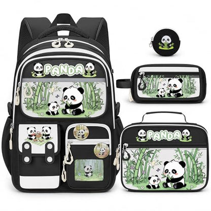 Panda Backpack for Girls, 4 PCS Girls Backpack with Lunch Box Set, Cute Kawaii Large Laptop Bookbag, School Bag for Elementary Kids & Teens - color: Panda