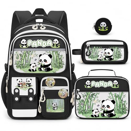Panda Backpack for Girls, 4 PCS Girls Backpack with Lunch Box Set, Cute Kawaii Large Laptop Bookbag, School Bag for Elementary Kids & Teens - color: Panda