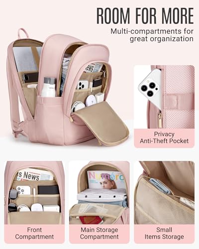 LIGHT FLIGHT Travel Backpack for Women, 15.6 Inch, Dull Pink | Laptop Backpack, USB Charging Hole, Water Resistant, Large Capacity, College Bookbag - color: Dull Pink, size: 15.6 Inch without Wheels