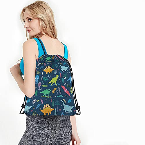 Dinosaur Drawstring Backpack Bag - Cute Cartoon Animal Funny Cool Colorful Dino Tropical Palm Leaf Sport Gym Sack Drawstring Bag for Men Women - color: Multi-a89