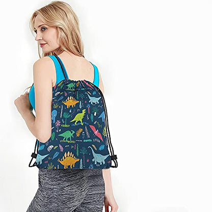 Dinosaur Drawstring Backpack Bag - Cute Cartoon Animal Funny Cool Colorful Dino Tropical Palm Leaf Sport Gym Sack Drawstring Bag for Men Women - color: Multi-a89