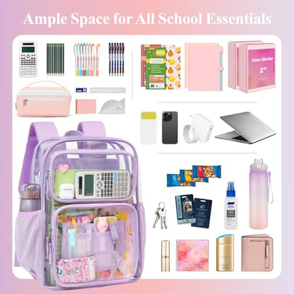 PACKISM Clear Backpack for School - 17 inch Large Heavy Duty Bookbag, Reinforced See Through PVC Transparent Backpack - color: Cute Purple, style: Daypack Backpacks