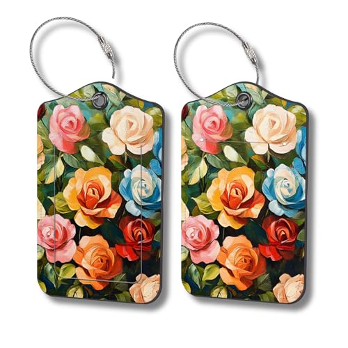Luggage Tags for Suitcases, 2-Pack PU Leather for Cruise & Travel, Baggage ID Tags with Privacy Cover & Address Card, Durable Metal Ring, Kids Adults Travel Accessories, Painterly Roses - color: Painterly Roses