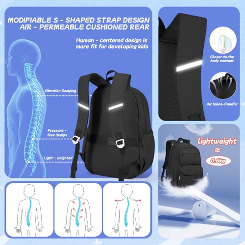 Cute Black Backpack For School Teens Girls Boys, Aesthetic Kids Elementary School Backpacks, Waterproof Middle Students Bookbag, Large Capacity Backpack For College Women Men - color: Black
