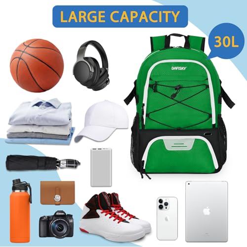 DAFISKY Basketball Backpack Sports Bag | Basketball Bag with Shoe Compartment and Ball Holder, 30L Large gym bag for boys girls - color: Green