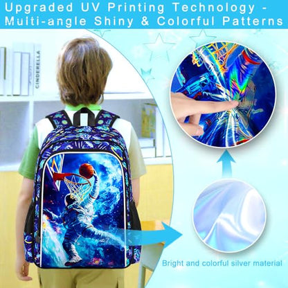 HPJGD 3PCS Kids Astronaut Backpack, Water Resistant Bookbag for Boys Set with Lunch Box, Cool School Bag for Elementary Preschool Toddler - Basketball Astronaut - color: Cool Uv Printed Astronaut Basketball Blue