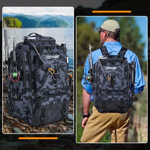 Goture 40L Fishing Tackle Backpack with Cooler and 2 3600 fishing tackle boxes, 900D Water-Resistant Tackle Backpack with Removable Bait Binder, 2 Rod Holders and Rain Cover,Camouflage backpack - color: Camouflage, size: C - Includes 2 3600 trays with han