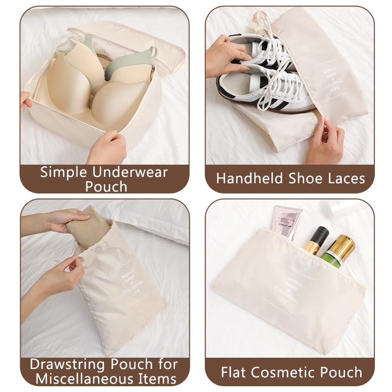 7 Set Packing Cubes for Suitcases, Breathable Luggage Organizer Bags, Travel Essentials with Clothing, Shoe, Cosmetics, Flat, Drawstring Bags, Grey - color: Grey