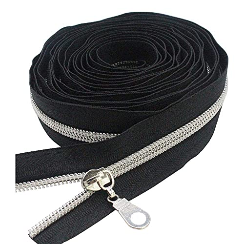 MebuZip #5 Silver Metallic Nylon Coil Zippers by The Yard Bulk Coil Zipper Roll 10 Yards with 25pcs Pulls for DIY Sewing Craft Bags (Black) - color: Silver Black