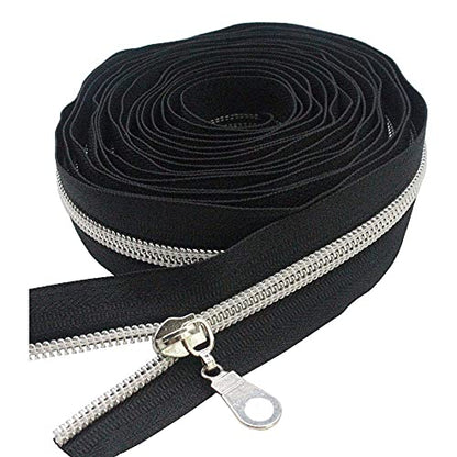 MebuZip #5 Silver Metallic Nylon Coil Zippers by The Yard Bulk Coil Zipper Roll 10 Yards with 25pcs Pulls for DIY Sewing Craft Bags (Black) - color: Silver Black