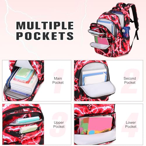 Bevalsa Backpack for Boys, Lightning School Bags with Lunch Bag & Pen Case for Kids, Bookbag for Boys Teens Elementary Middle High School - color: Red