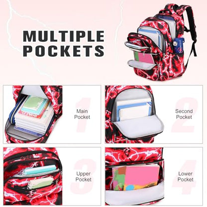 Bevalsa Backpack for Boys, Lightning School Bags with Lunch Bag & Pen Case for Kids, Bookbag for Boys Teens Elementary Middle High School - color: Red