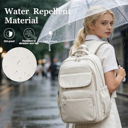 Cute School Backpack for Teens Girls Boys Waterproof School Bag Basic Backpack for College Students Multi Pocket Backpack Lightweight Casual Daypack Backpacks for Women Men（Beige） - color: White