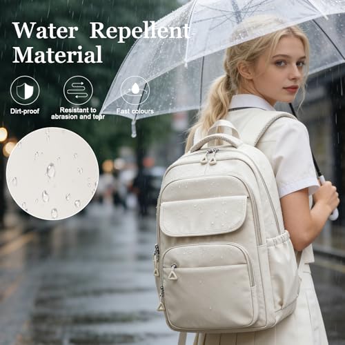 Cute School Backpack for Teens Girls Boys Waterproof School Bag Basic Backpack for College Students Multi Pocket Backpack Lightweight Casual Daypack Backpacks for Women Men（Beige） - color: White