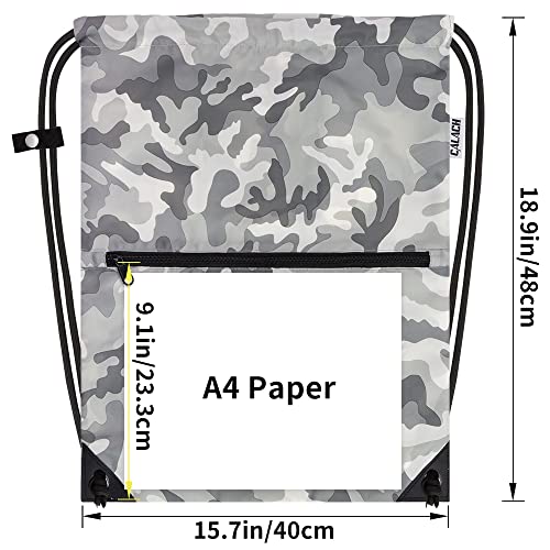 draw string back bag, Large Gym Sports string backpack for men and women with front zipper pocket and inside zipper pocket to keep key or phone (Grey camo) - color: Grey Camo, style: Drawstring With Front Pocket